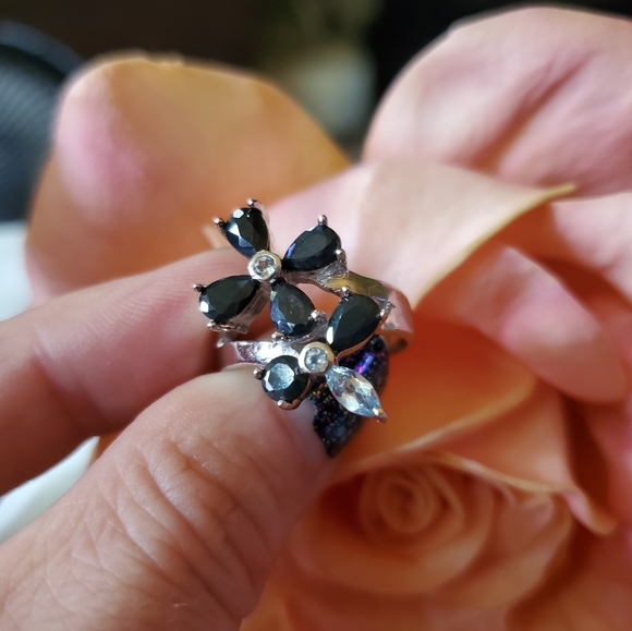 Sterling Silver 925 Blue Topaz Black Sapphire Ring Flower Floral SIZE 7.75 J-475 - Picture 8 of 12